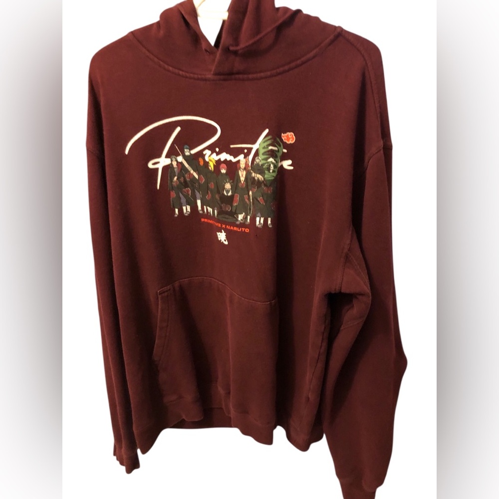 Well loved Vintage Naruto Primitive Hoodie with Front Pocket Large Burgundy